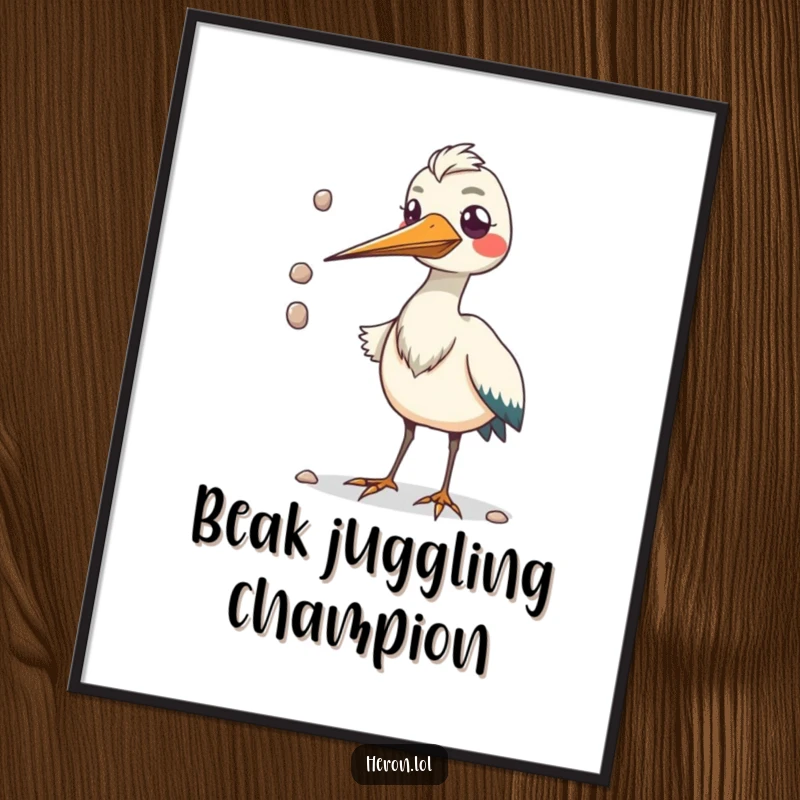 Funny poster print of a kawaii heron bird with an oversized beak juggling pebbles, designed to bring smiles.