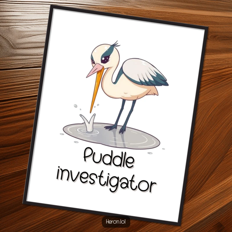 Funny Playful Heron Poster: Playful heron bird dipping its beak into a puddle with a splash, a humorous and energetic artwork.