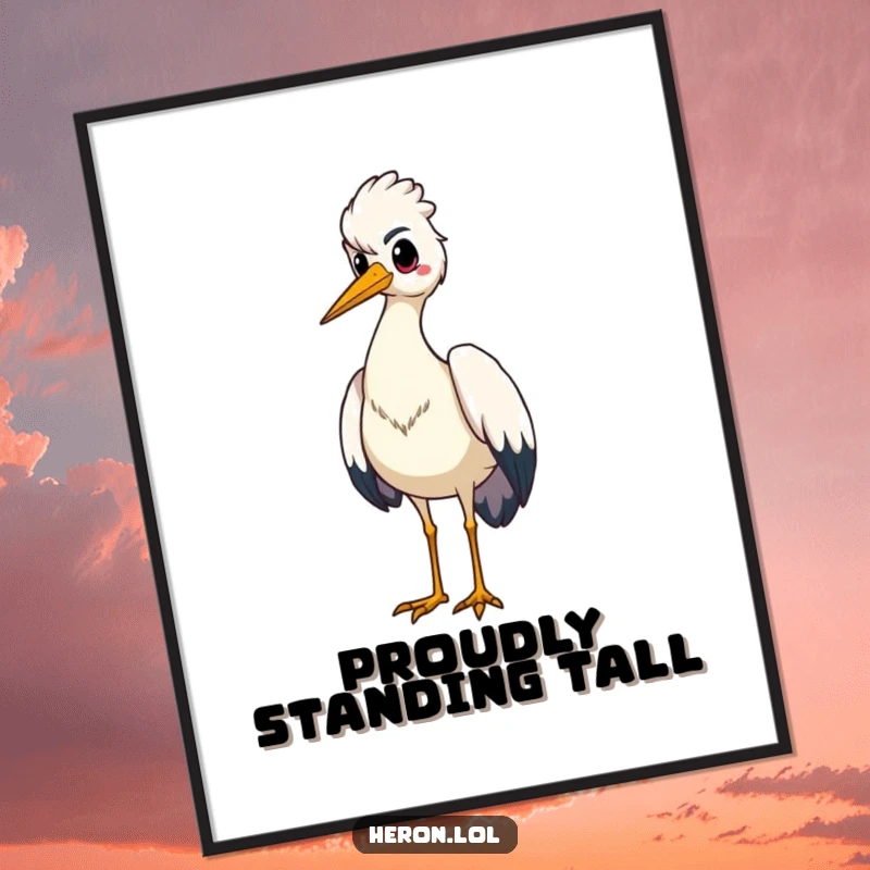 Funny poster capturing a proud heron bird standing tall, chest puffed out, radiating confidence and quiet strength.