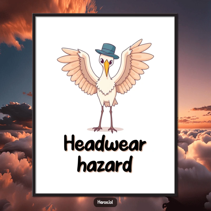 Funny poster capturing a heron with wings spread wide, awkwardly balancing a tiny hat, a comical and artistic depiction.