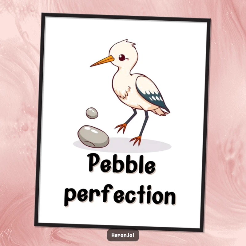 Funny heron bird attempting to juggle three shiny pebbles with its feet, humorous poster art for bird lovers.