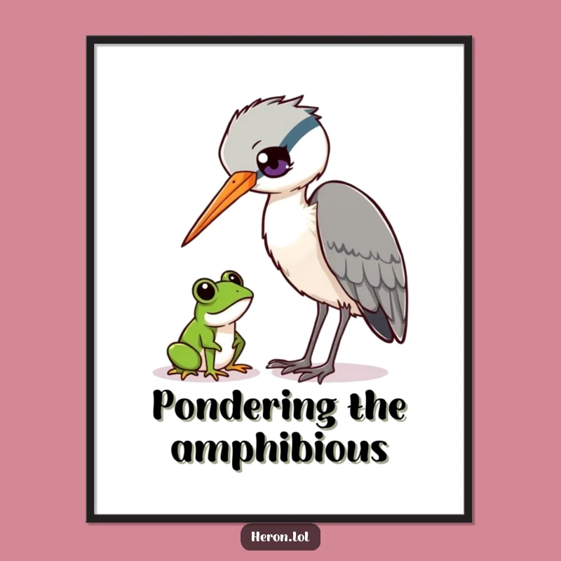 Funny Heron and Frog Poster - Quirky Wildlife Art Print Gift