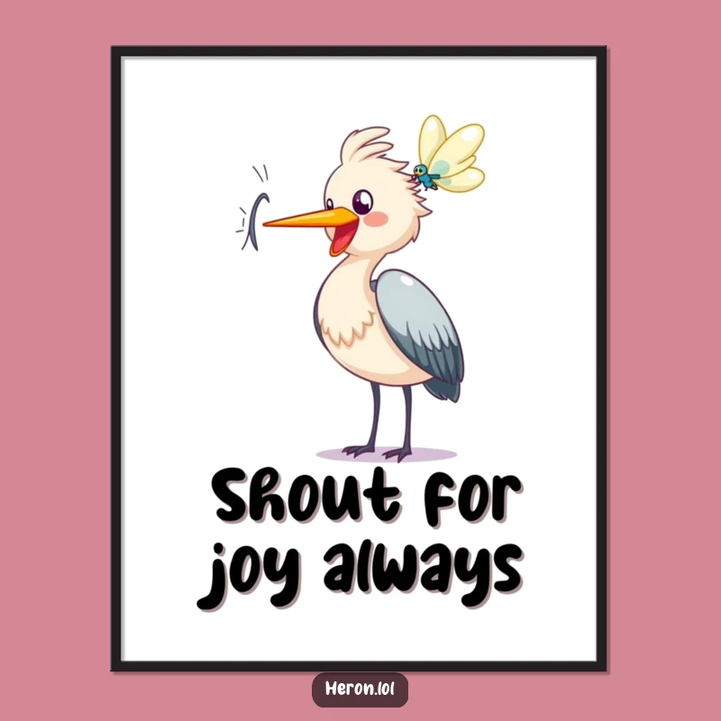 Funny Heron Caw Art Print - Joyful Dragonfly Chase, Happy Wildlife Decor, Whimsical Gift Idea