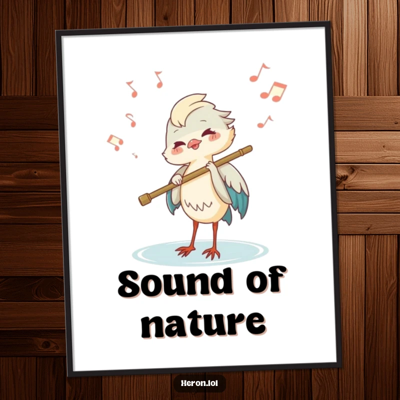 Funny joyous heron playing a flute made of a reed, with musical notes floating, musical bird art print.