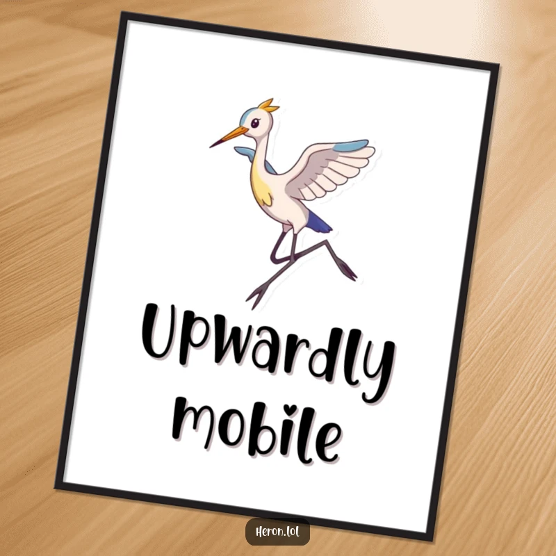 Funny Poster print of a slim heron with long legs executing a magnificent leap, symbolizing grace, humor, and airy ambition for wall decor.