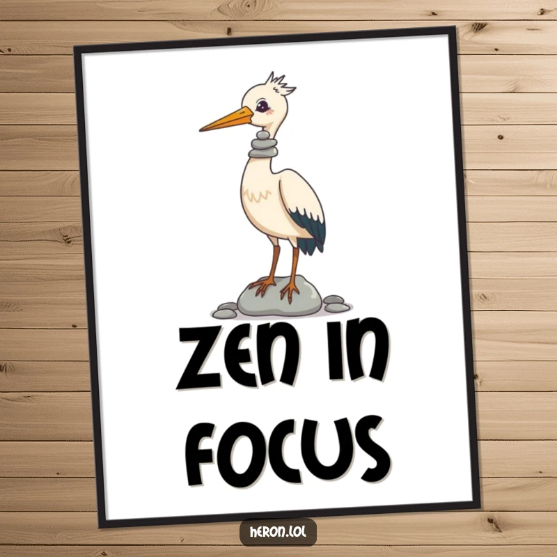 Funny Poster print of a heron meticulously balancing a tall tower of smooth pebbles on its beak, creating a humorous and artistic scene.