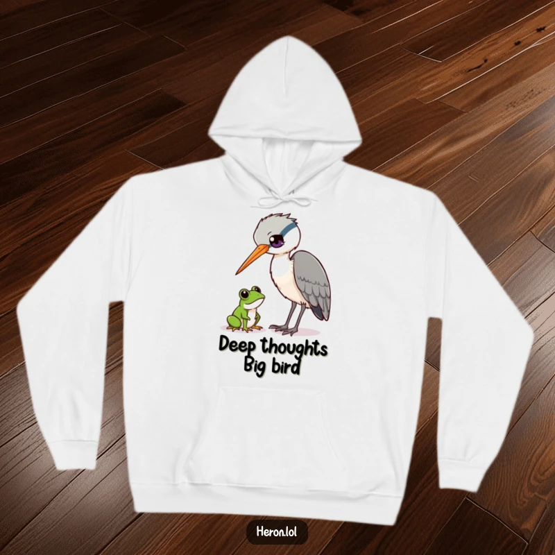 Funny Heron and Frog Hoodie: Heron bird curiously observing a tiny frog, wildlife humor, cozy apparel, funny gift.