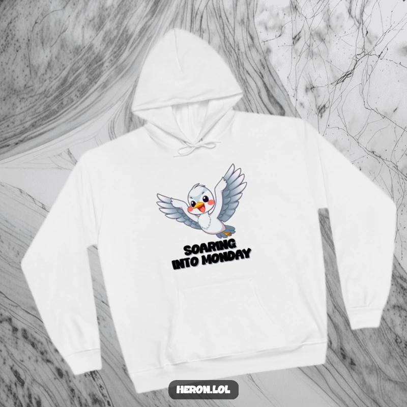 Funny Flying Heron Hoodie: A happy heron vigorously flaps its flippers, comically pretending to take flight.