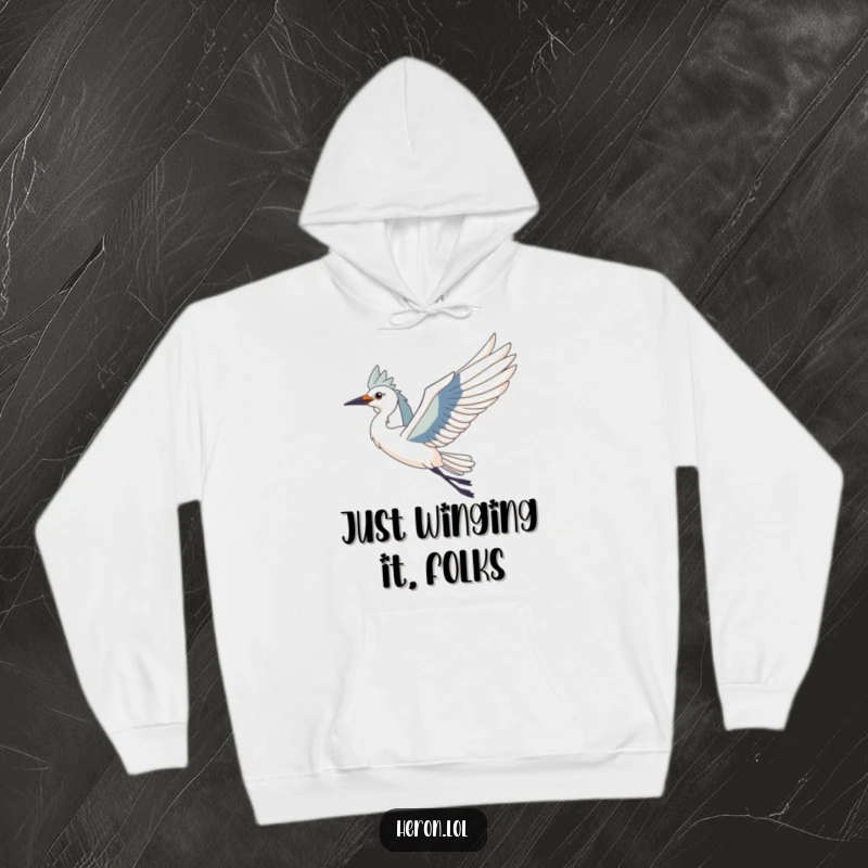 Funny Heron Bird Hoodie: Cozy sweatshirt featuring a majestic heron with outstretched wings, gliding effortlessly on a gentle breeze.
