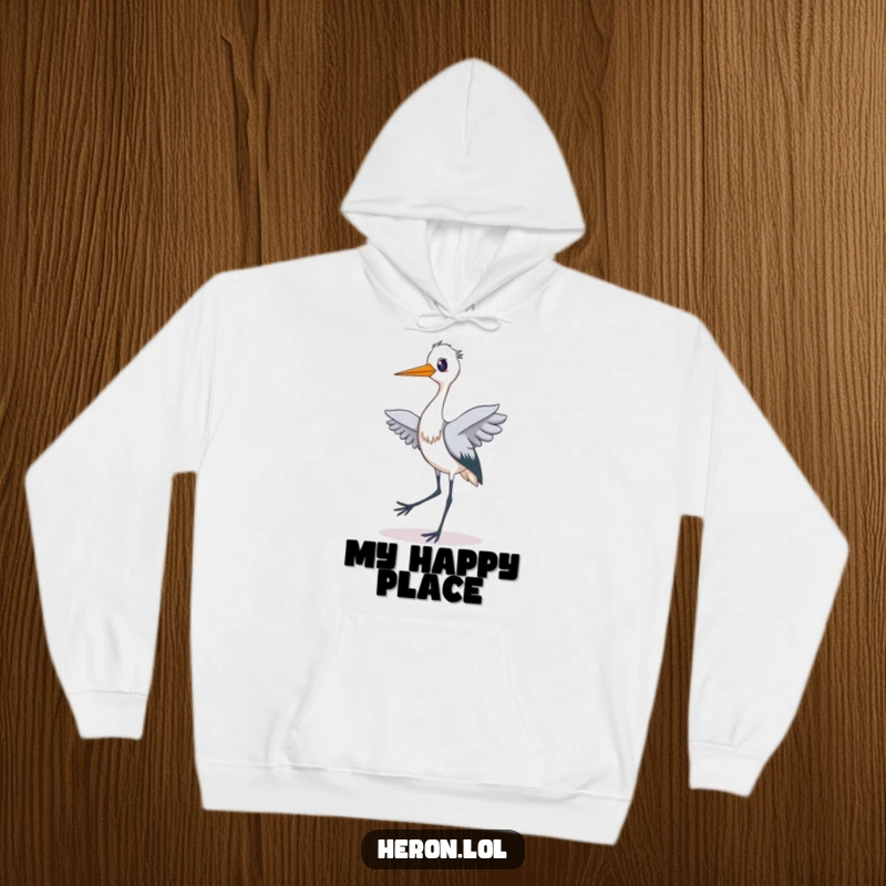 Funny hoodie showing a happy heron doing a silly tiptoe dance with a delighted expression, radiating infectious, goofy energy.