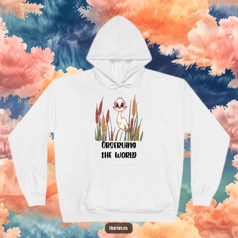 Funny Hoodie showing a joyful heron with wide, curious eyes, peeking over tall reeds in a delightful, heartwarming scene.
