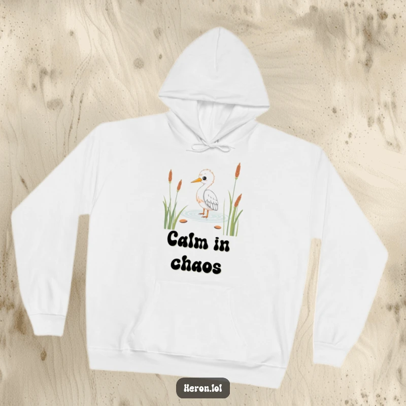 Funny Kawaii Heron Hoodie: Soft hoodie featuring a serene bird wading through reeds, perfect for humorous relaxation.