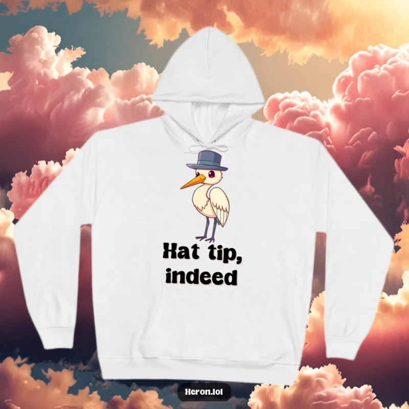 Funny hoodie showing a heron bird wearing a small hat and tipping it in a polite, gentlemanly gesture.