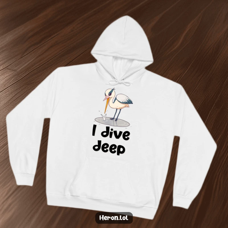Funny Playful Heron Hoodie: Energetic heron bird dipping its beak into a puddle, creating a humorous splash with playful abandon.