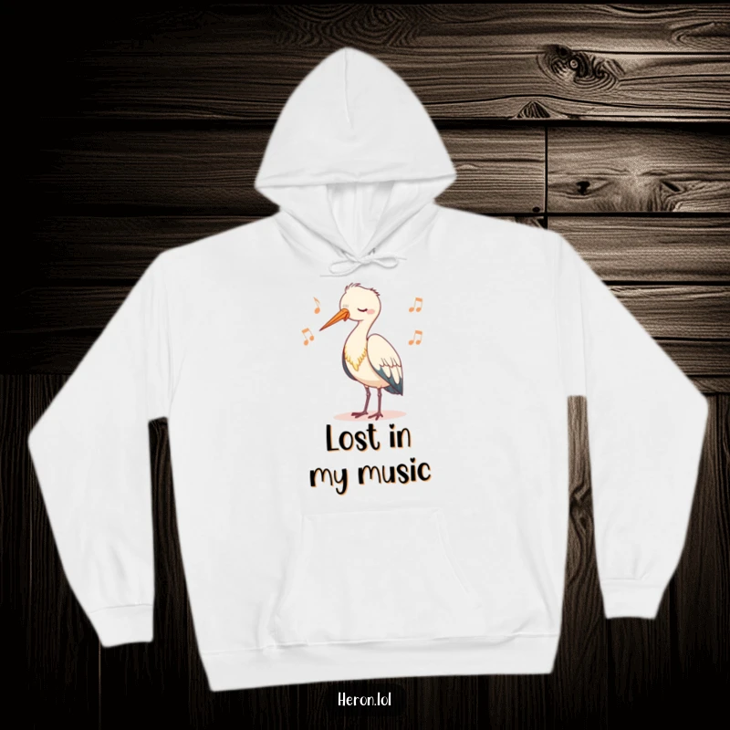 Funny hoodie featuring a cute heron character bobbing its head rhythmically, designed for warmth and spreading calm, nature-themed amusement.