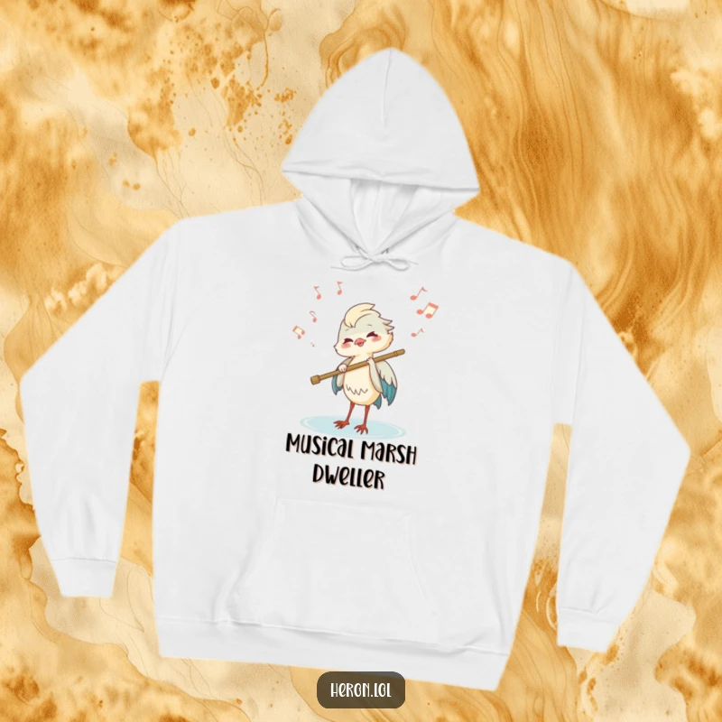 Funny joyous heron playing a flute made of a reed, with musical notes floating on a hoodie.