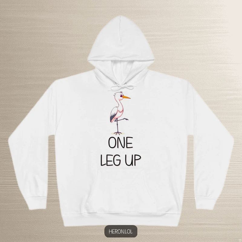 Funny hoodie featuring a smug heron perfectly balanced on one leg, conveying a hilarious sense of self-satisfaction, ideal for bird enthusiasts.