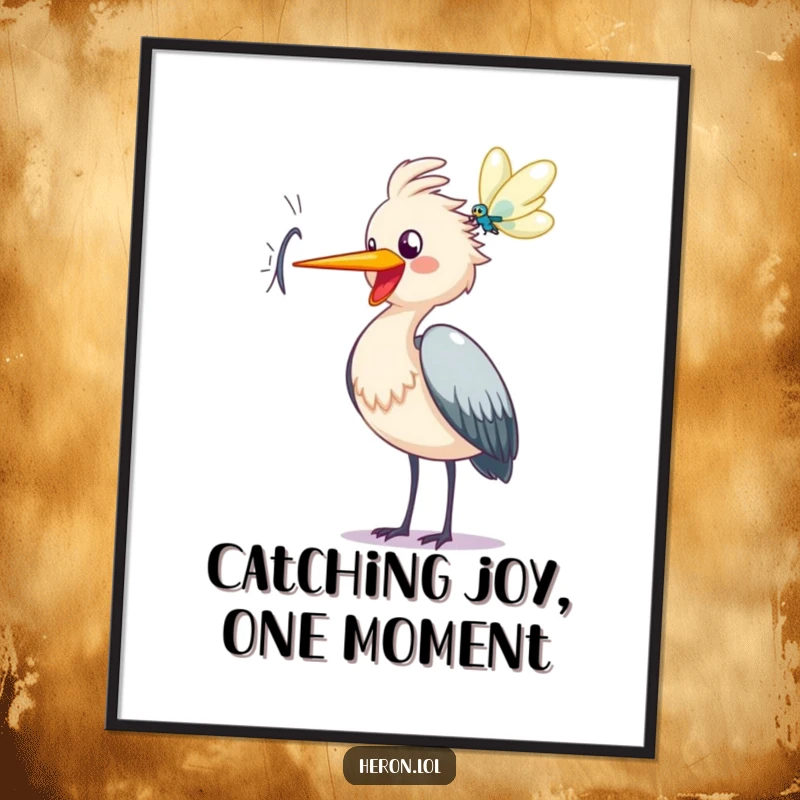 Funny Free Printable Wall Art: Happy heron bird cawing joyfully with beak open at a shimmering dragonfly.