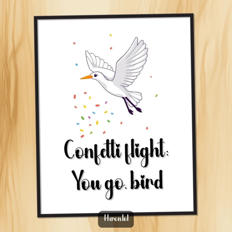 Funny Free Printable Wall Art of a heron in mid-flight, trailing a dazzling cascade of colorful confetti.