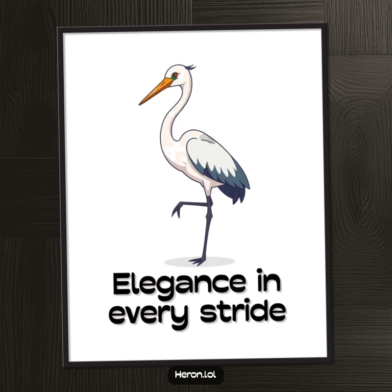 Funny Free Printable Wall Art: Elegant heron bird with a long neck curved, posing gracefully on one leg.