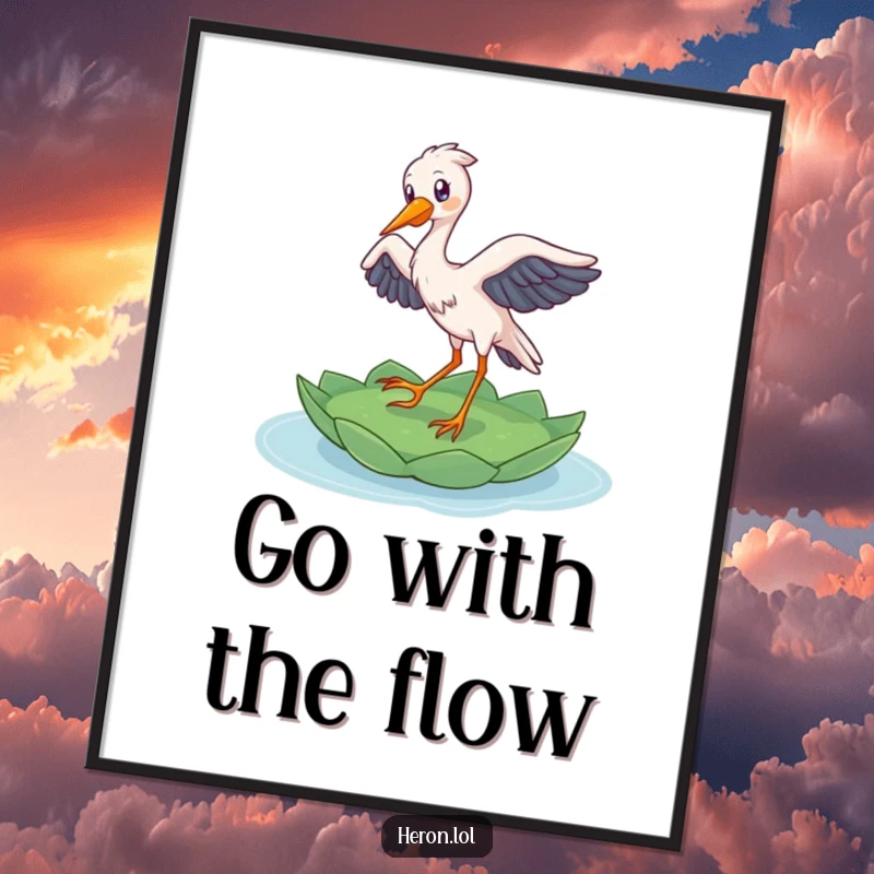 Funny free printable wall art of a delighted heron bird gracefully landing on a floating lily pad, bringing natural humor to your decor.