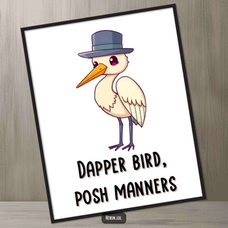 Funny Free Printable Wall Art: A heron stands tall, wearing a tiny hat and politely tipping it.