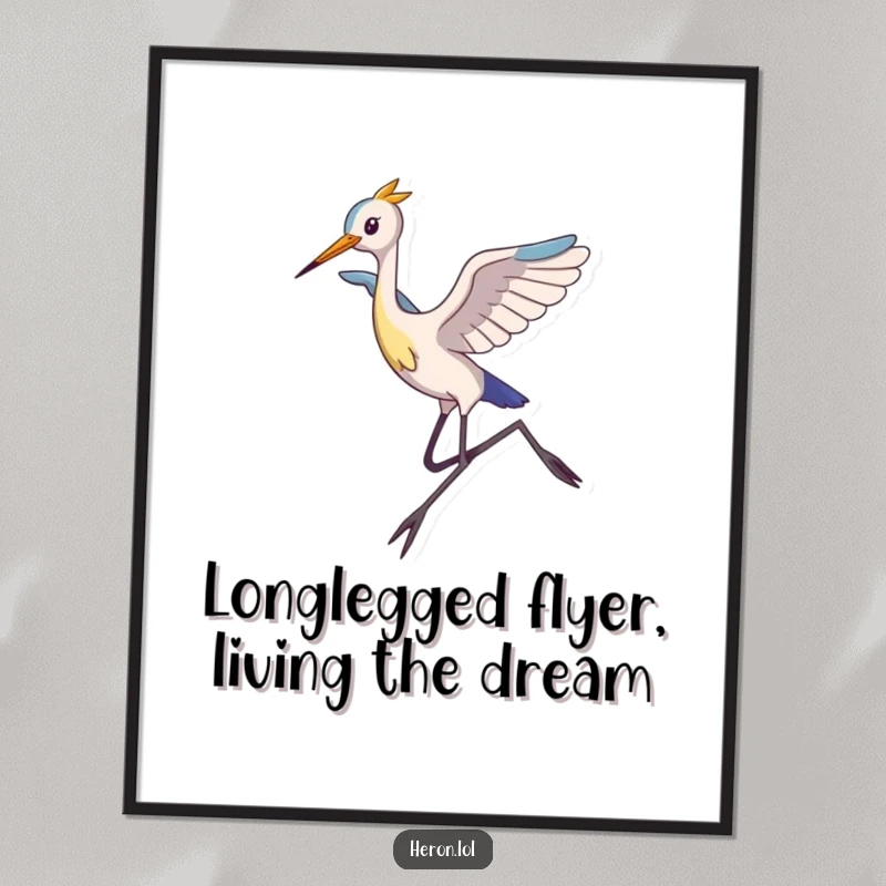 Funny Free Printable Wall Art: Slim heron showcasing impossibly long legs as it joyfully leaps through the air.