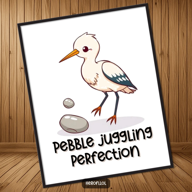 Funny Free Printable Wall Art: Heron bird attempting to juggle shiny pebbles with its feet, creating a humorous and artistic statement.