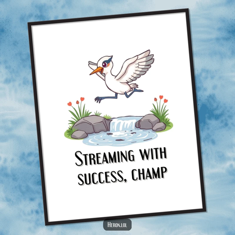 Funny Free Printable Wall Art showcasing an energetic heron leaping over a sparkling stream, a dynamic downloadable piece for any home.