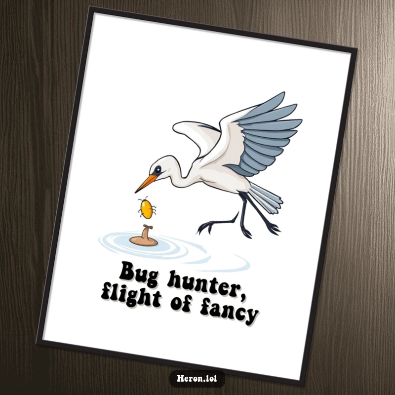 Funny Free Printable Wall Art: A heron in mid-air gracefully swoops down to snatch a tiny, shiny bug.