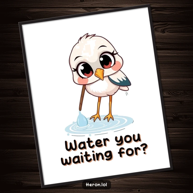 Funny Free Printable Wall Art: A heron with wide, curious eyes humorously scoops water with its beak.