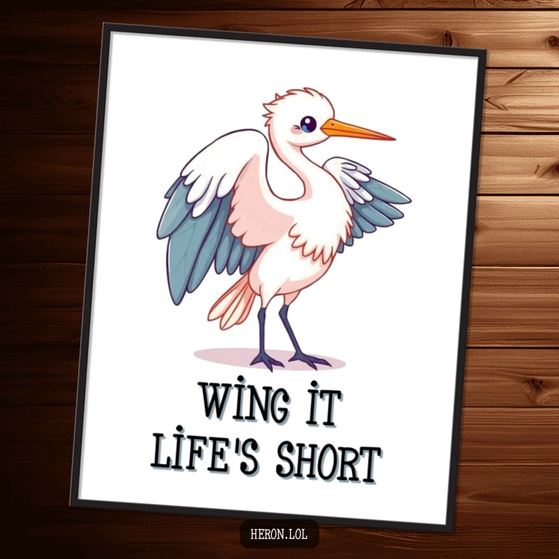 Funny Free Printable Wall Art: Kawaii heron bird captured in a gentle, elegant wing unfurling motion.