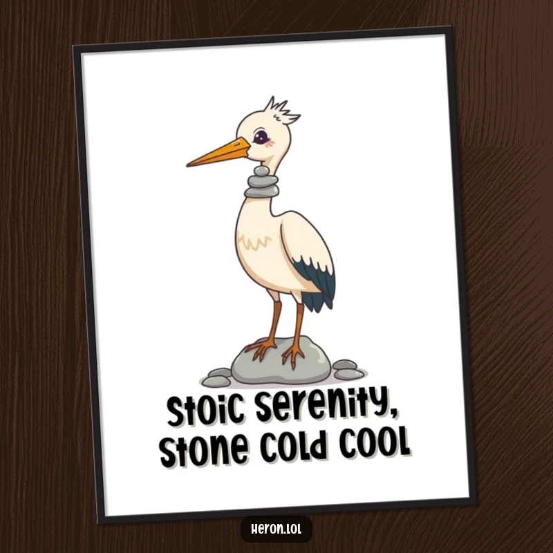 Funny Free Printable Wall Art of a heron with intense focus, balancing a wobbly stack of pebbles on its beak.