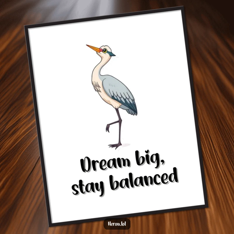 Cute Free Printable Wall Art: A heron stands on one leg, looking curiously up at the sky, a whimsical and downloadable art piece.