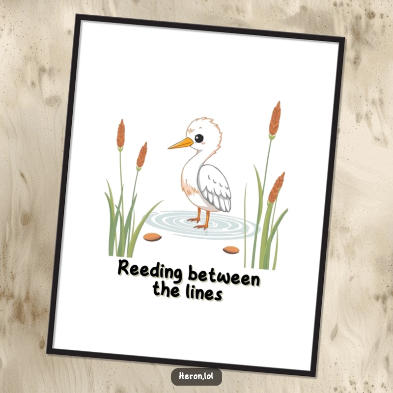 Funny Free Printable Wall Art: Kawaii heron bird wading serenely through stylized reeds, creating a peaceful scene.