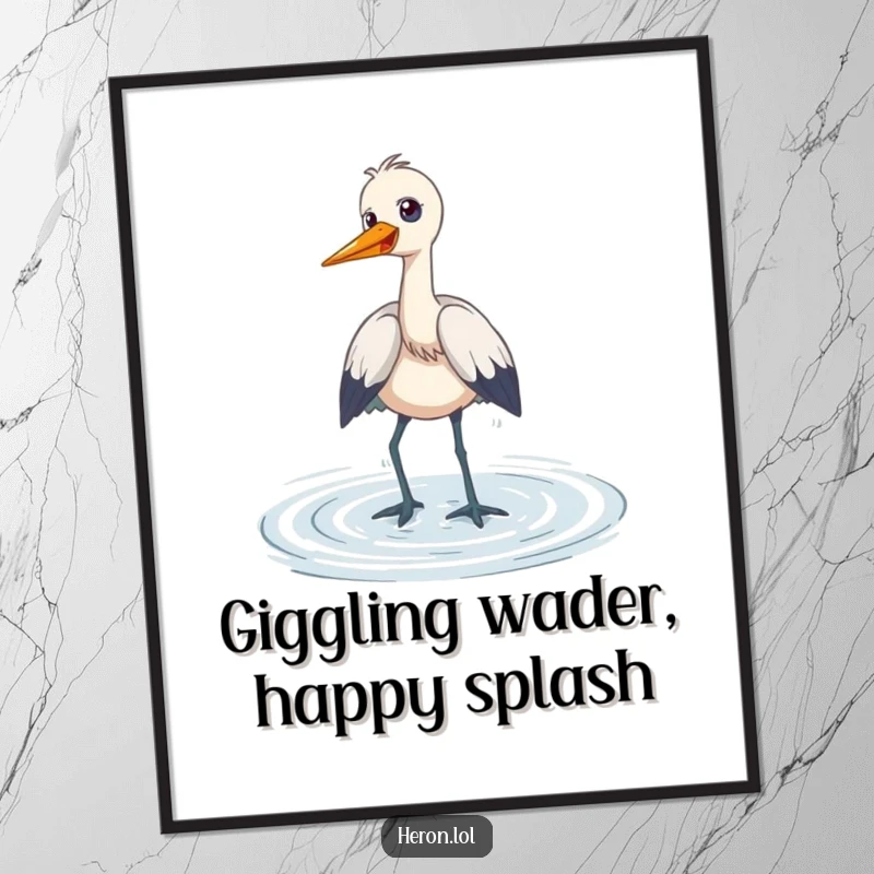 Funny Free Printable Wall Art: A heron enjoys wading through shallow water, letting out joyful, playful giggles.