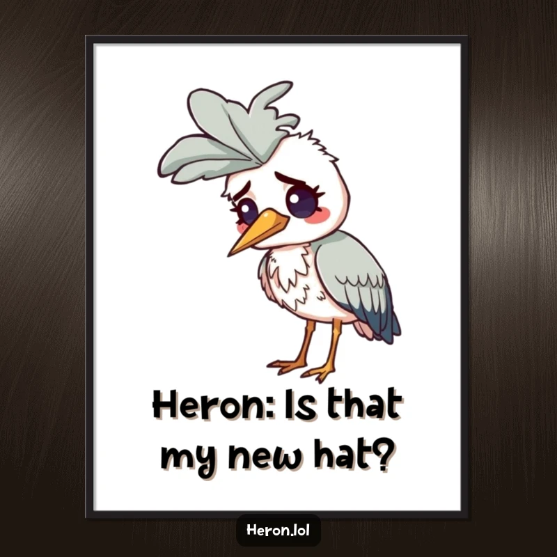 Funny Free Printable Wall Art: Heron with a comically large feather stuck to its head, displaying utter confusion.