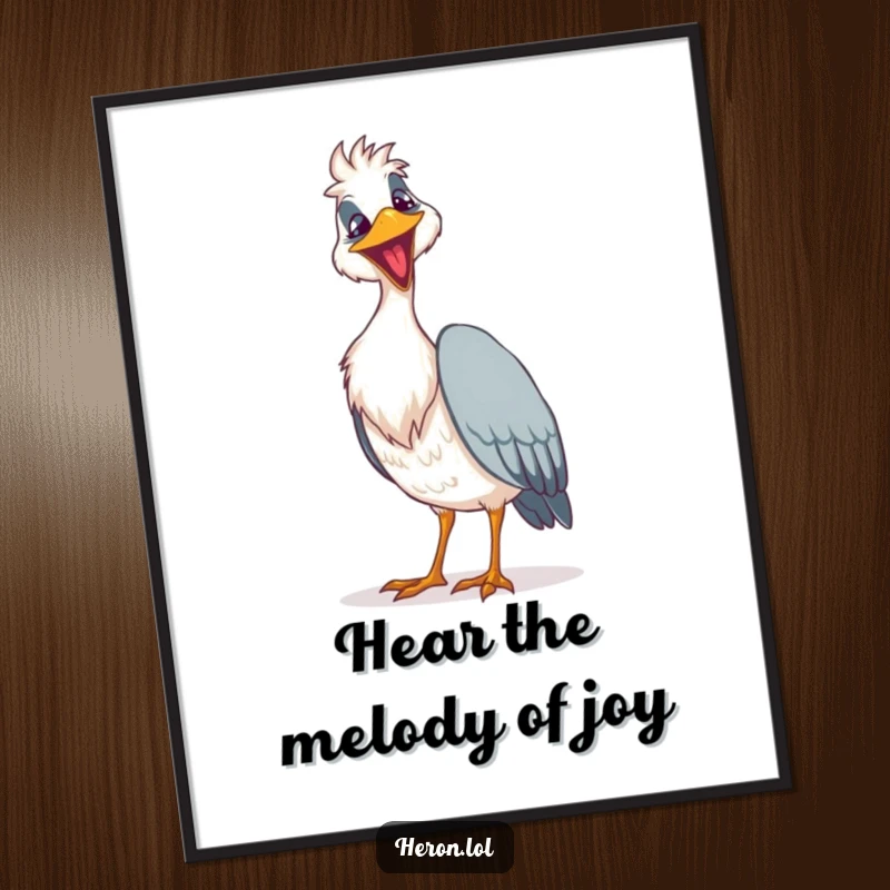 Hilarious free printable heron wall art, a heron bird with a goofy grin tries to sing a loud song.