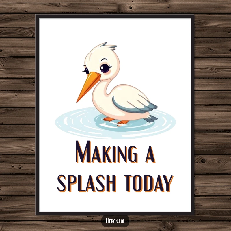 Funny Free Printable Wall Art: A smiling heron gracefully fishes with its beak submerged in shimmering water.