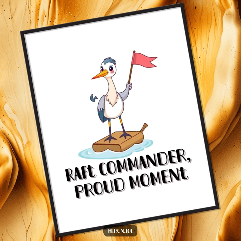 Funny Free Printable Wall Art: A happy heron stands tall on a miniature raft, proudly waving a colorful flag.