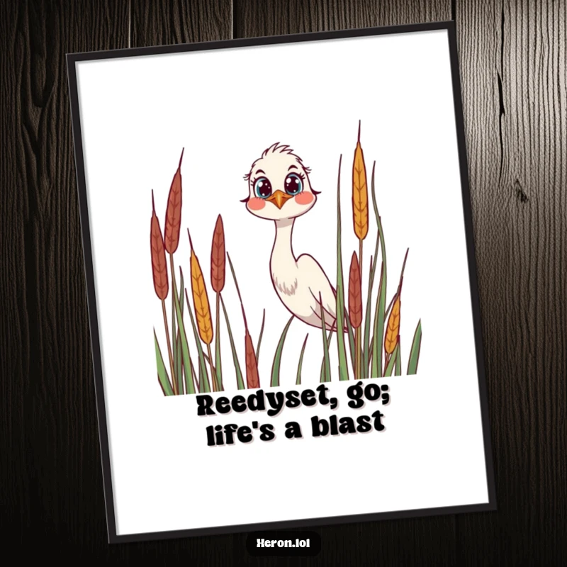 Funny Free Printable Wall Art featuring a curious heron with wide eyes peering over reeds, a charming downloadable piece for any room.