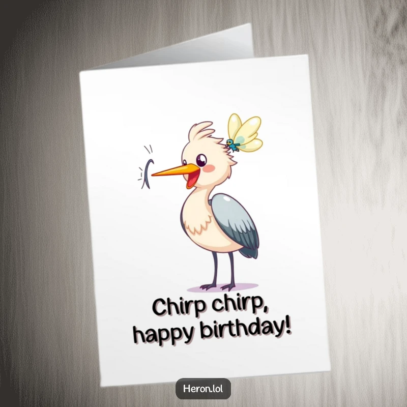 Funny Free Printable Birthday Card: Happy heron cawing joyfully with beak open at a shimmering dragonfly.
