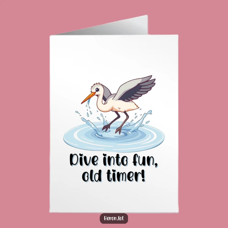 Free Printable Funny Heron Birthday Card: Splashy Dive Wishes Downloadable Greeting