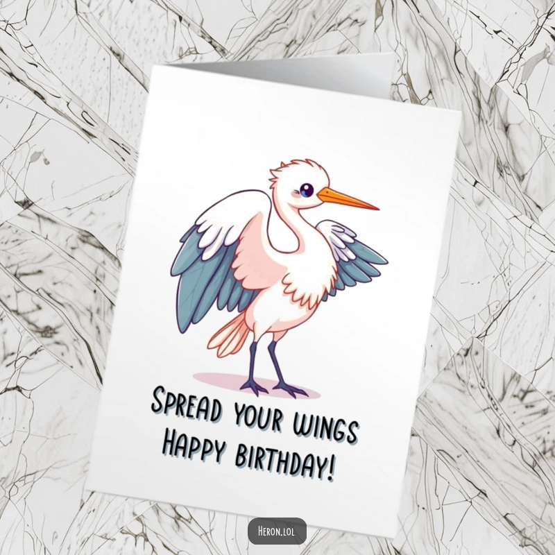 Funny Free Printable Birthday Card: Kawaii heron bird elegantly unfurling its wings in a graceful motion.