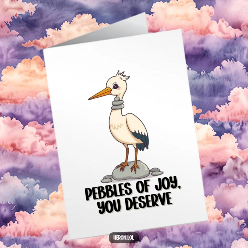 Funny Free Printable Birthday Card featuring a heron hilariously balancing a stack of pebbles on its beak, ready to deliver birthday cheer.