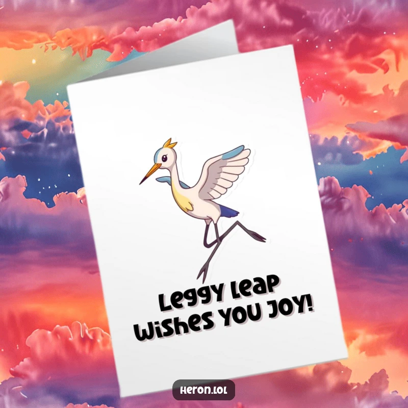 Funny Free Printable Birthday Card: Slim heron with impossibly long legs leaps joyfully, celebrating your special day.