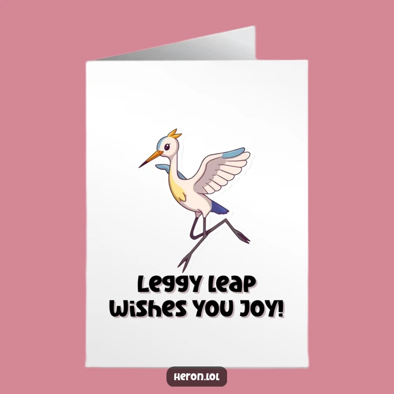 Free Printable Birthday Card: Funny Leaping Heron, Long-Legged Laughter Downloadable Gift