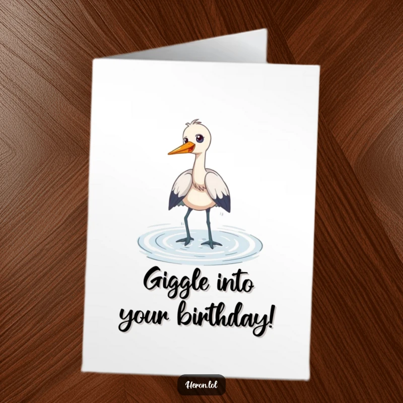 Funny Free Printable Birthday Card: A heron wades through shallow water while giggling with pure, playful delight.