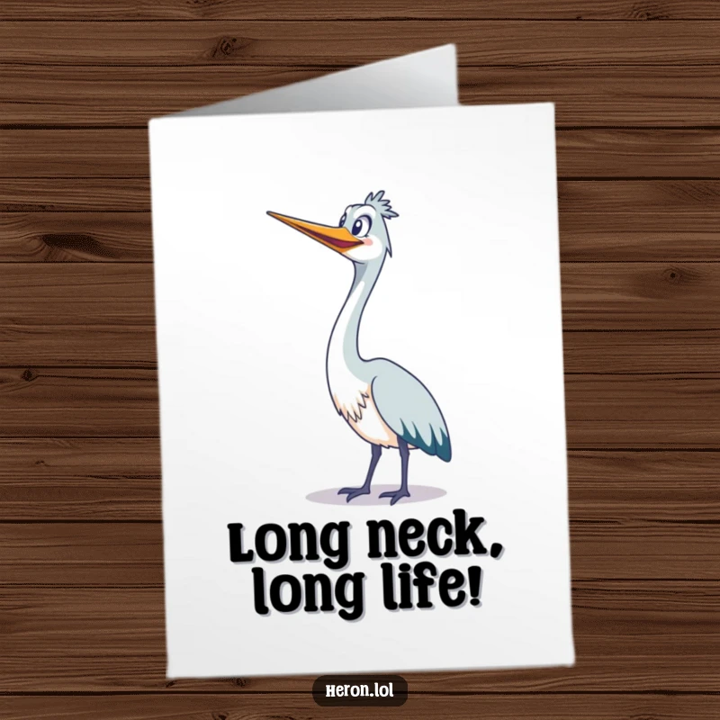 Funny Free Printable Birthday Card: A cute heron stretches its long neck upwards, wearing a wide, happy grin.