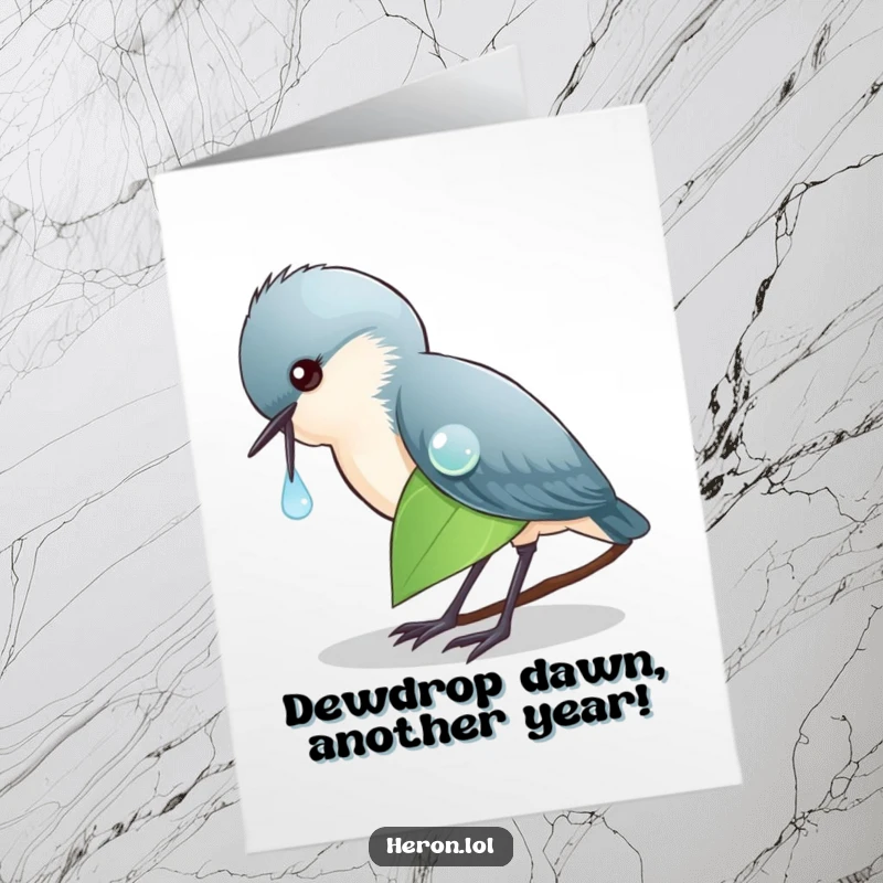 Funny Free Printable Birthday Card: Elegant heron delicately pecking a dewdrop on a green leaf, exuding sophisticated humor.